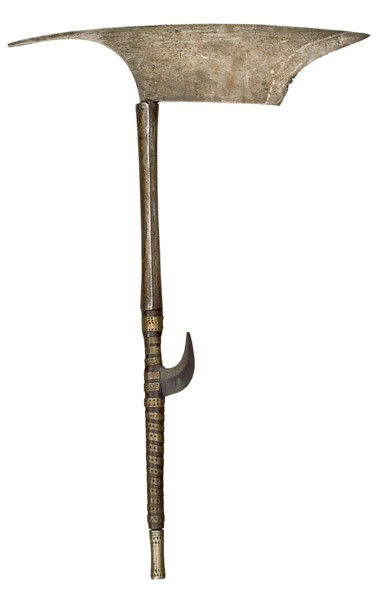 Philippine 19th Century Kalinga Headhunters Axe : Philippine 19th Century Kalinga Headhunters Axe 13" head, 20" overall length. Original decorated handle featuring a profusion of elegant cutwork and embossed sheet brass. The blade is very sharp and