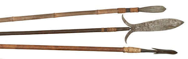 Philippine 19th Century Moro Spears, Lot of Three : Philippine 19th Century Moro Spears, Lot of Three 1) 78.5" overall length incl. 15" spear-point flared iron head, wooden haft, tampion and two Turk's heads. 2) 78" overall length incl. 9" iron head 