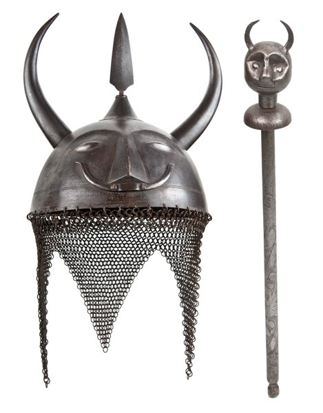 Indo-Persian 19th Century Officer's Helmet and Mac: Indo-Persian 19th Century Officer's Helmet and Mace Complete with chain mail and skirting. Remnants of Damascene design is still present. Much of the gold gilt is present. Feline motif on front of h