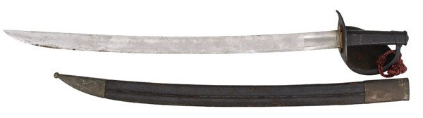 French Naval Cutlass : French Naval Cutlass 26" blade. Iron handle and cupped knuckle bow. Leather scabbard with tip and throat.