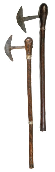 African 19th Century Tribal Axes, Lot of Two : African 19th Century Tribal Axes, Lot of Two 1) 5.5" iron head on a 21.5" wooden haft. 2) 5" iron head on a 22" wooden haft with two wire Turk's heads.