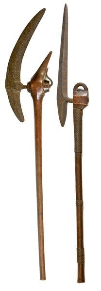 African 19th Century Tribal Axes, Lot of Two : African 19th Century Tribal Axes, Lot of Two 1) 13.5" iron head, 30.75" overall length, wooden haft, wire-wrapped Turk's head. 2) 12.5" head, 30" overall length, wooden haft.