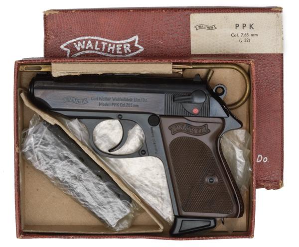 *Walther Model PPK Pistol : *Walther Model PPK Pistol 7.65 (.32 ACP) cal., 3.25" barrel, S/N 208427. Blue finish, alloy lightweight frame, brown grips, papers, two magazines.