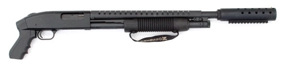 *Mossberg Model 500A Pump Shotgun : *Mossberg Model 500A Pump Shotgun 12 gauge, 24" barrel, S/N T356820. Matte black finish, pistol grip stock, barrel extension with accessory rail.