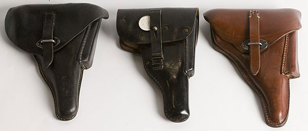 Lot of Three Walther P38 Holsters : Lot of Three Walther P38 Holsters One WWII brown leather, maker Otto Sindell, dated 1941 and marked WaA120. One WWII black leather with barely visible Nazi marks. One black leather post-war West Ger