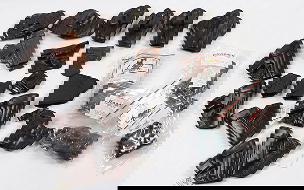 Box Lot of Twenty Four Leather Handgun Holsters : Box Lot of Twenty Four Leather Handgun Holsters Makers include Kramer, Galco, etc.