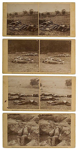 Alexander Gardner Stereoviews of the Dead at Gettys: Alexander Gardner Stereoviews of the Dead at Gettysburg Lot of 8, each on yellow square corner mounts with 1863 copyright line on recto, with applied paper printed labels from Gardner's Photographic