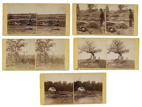 Alexander Gardner Stereoviews of the Dead at Antiet: Alexander Gardner Stereoviews of the Dead at Antietam Lot of 5, each on yellow square corner mounts with Gardner's imprinted 1862 copyright line on recto and applied printed labels from Gardner's Ph