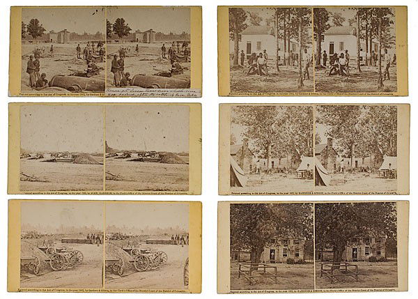 Alexander Gardner Stereoviews of the Battle of Seve: Alexander Gardner Stereoviews of the Battle of Seven Pines Lot of 6, each on yellow square-cornered mounts with Gardner's imprinted 1862 copyright line on recto and applied printed labels from Gardn