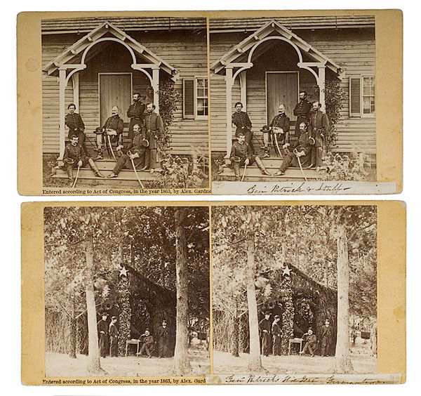 Alexander Gardner Stereoviews of Gen. Patrick & Sta: Alexander Gardner Stereoviews of Gen. Patrick & Staff Lot of 2, each on cream square-cornered mounts, with Gardner's imprinted 1863 copyright line and applied manuscript labels inked Gen' Patrick &