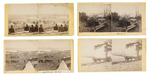 Alexander Gardner Stereoviews of Union Operations a: Alexander Gardner Stereoviews of Union Operations at City Point, Belle Plain and Bermuda Hundred Lot of 11, each on pale yellow square-corner mounts, showing views of Union waterfront operations use