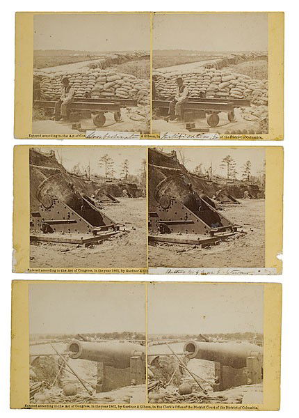 Alexander Gardner Stereoviews of Fortifications at: Alexander Gardner Stereoviews of Fortifications at Yorktown Lot of 5, each on yellow square-corner mounts, with imprinted 1862 copyright line on recto and applied paper printed labels from Gardner's