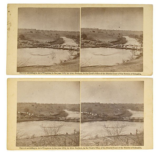 Gardner Stereoviews of Pontoon Bridges: Alexander Gardner Stereoviews of Pontoon Bridges near Fredericksburg Lot of 2 identical views on yellow square-corner mounts imprinted with Gardner's 1863 copyright line on recto, unlabeled, but kno