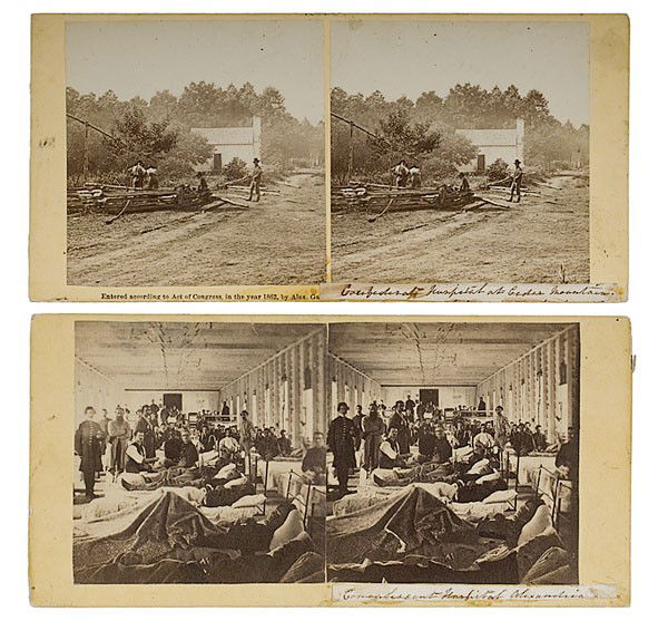 Alexander Gardner Stereoviews of Civil War Hospital: Alexander Gardner Stereoviews of Civil War Hospitals Lot of 2, each on cream square-cornered mounts, including: one view with Gardner's imprinted 1862 copyright line and applied manuscript label ink