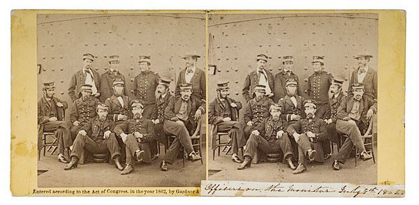 Alexander Gardner Stereoviews of Officers on Board: Alexander Gardner Stereoviews of Officers on Board the Monitor On a yellow square-cornered mount, with 1862 copyright line and applied paper label ink inscribed Officers on the Monitor July 9th 1862