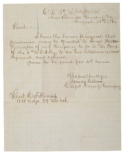 Civil War Furlough Endorsed by Maj. Gens. Alfred H.: Civil War Furlough Endorsed by Maj. Gens. Alfred H. Terry and David B. Birney, DOD 1p, 8 x 10 in., manuscript furlough for Walter Harrington, Co. H, 39th Illinois Vols., near Bermuda Hundred, Va., A