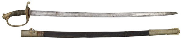 US Model 1850 Foot Officer's Sword and Scabbard : US Model 1850 Foot Officer's Sword and Scabbard 30.5" military motif etched blade. Brass knuckle bow, leather scabbard with brass fittings. French import for the US market.