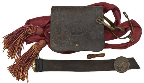 US 1864 Pattern Musket Cartridge Box with Brass Ov: US 1864 Pattern Musket Cartridge Box with Brass Oval Eagle Marked on the inside flap F.A. Sniffe, U.S. Ord Sub inspector in an oval. In a half oval R. NEOE, Phila. Pair of 1859 pattern spurs, part o