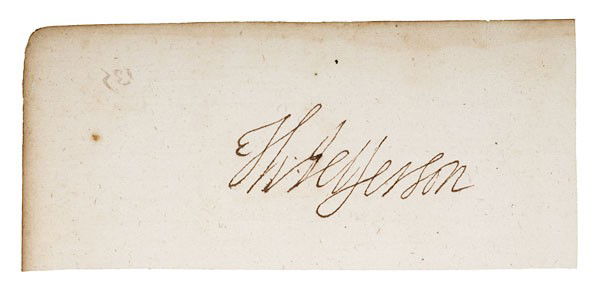Thomas Jefferson Clipped Signature : Thomas Jefferson Clipped Signature On 2.5 x 5.5 in. piece of paper. In a sleeve mounted to a larger sheet with a lithograph of Jefferson, as if intended to be framed.