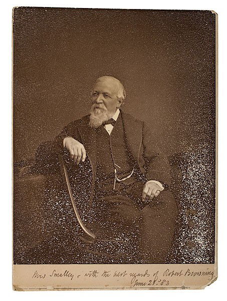 Robert Browning Signed Photograph : Robert Browning Signed Photograph Mounted on 7.5 x 10 in. card. Lower margin with inscription: Mrs. Smalley with the best regards of Robert Browning June 21, '83. Robert Browning (1812-1889) was an