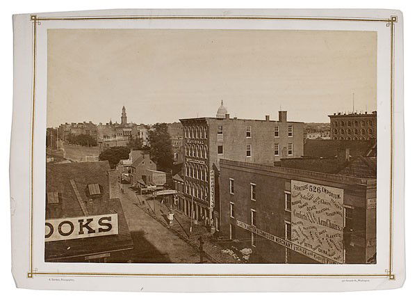Gardner Photograph Taken From His Studio Roof: Fine Alexander Gardner Albumen Photograph Taken From His Washington D.C. Studio Roof Albumen print 18.5 x 13" mounted on larger 22 x 16" cream, gold-ruled mount with Gardner's 511 Seventh St. Washin