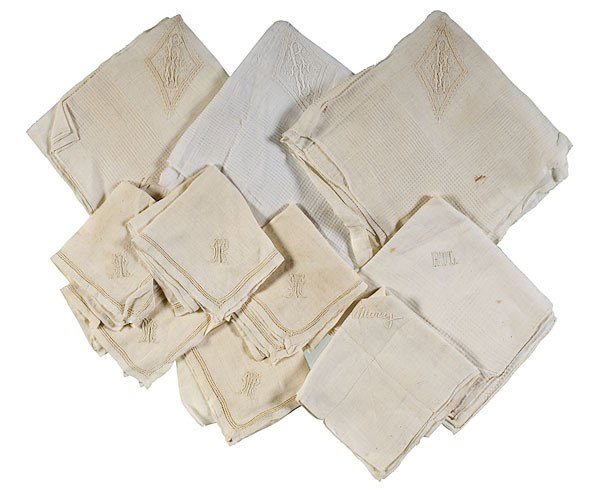 Robert Todd Lincoln & Mary Harlan Lincoln Monogram: Robert Todd Lincoln & Mary Harlan Lincoln Monogrammed Handkerchiefs Lot of 10 lightweight cotton handkerchiefs, including 4 monogrammed RTL; 1 monogrammed Mary; and 5 featuring a monogram that is di