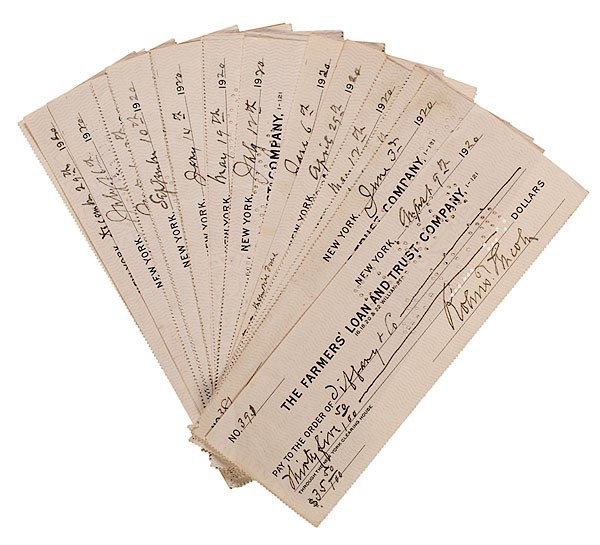 Robert Todd Lincoln Collection of Signed Checks, D: Robert Todd Lincoln Collection of Signed Checks, Dated 1920, Farmers' Loan and Trust Company Lot of 28 checks signed Robert T. Lincoln, drawn on the Farmers' Loan and Trust Company, New York, each d