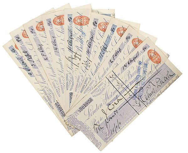 Robert Todd Lincoln Collection of Signed Checks, D: Robert Todd Lincoln Collection of Signed Checks, Dated 1890, Undersigned by Robert Todd Lincoln Beckwith Lot of 9 checks signed Robert T. Lincoln, drawn on London and Westminster Bank Limited, all d
