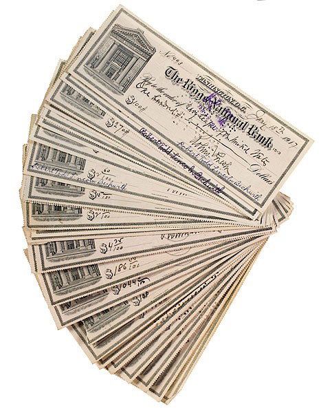 Robert Todd Lincoln Collection of Signed Checks, 1: Robert Todd Lincoln Collection of Signed Checks, 1917-1921, Riggs National Bank Lot of 34 checks signed Robert T. Lincoln, drawn on Riggs National Bank, Washington, D.C., dated 1917 (13), dated 1918