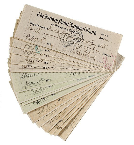 Robert Todd Lincoln Collection of Signed Checks, T: Robert Todd Lincoln Collection of Signed Checks, The Factory Point National Bank Lot of 32 checks drawn on The Factory Point National Bank, Manchester Center, VT, most signed by Robert Todd Lincoln,
