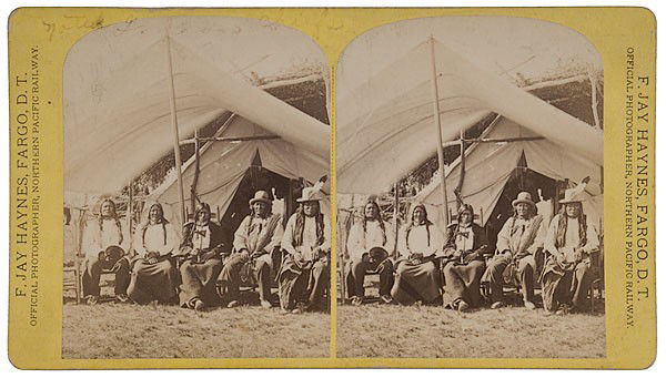 F.J. Haynes Stereoview of Noted Sioux Indian Chief: F.J. Haynes Stereoview of Noted Sioux Indian Chiefs A stereoview of Noted Sioux Indian Chiefs as titled and on verso, identified from left to right as: Gall, Crawler, Crow King, Running Antelope, an