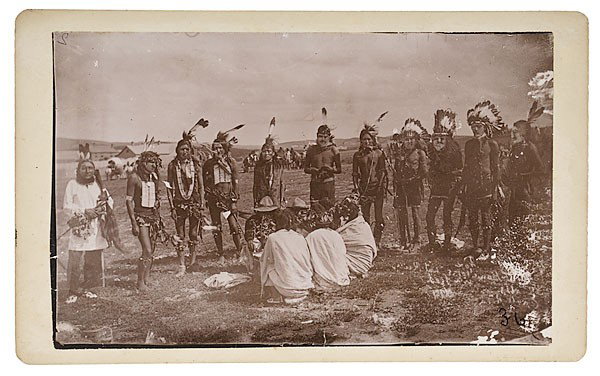 S.D. Butcher Boudoir Photograph of Pine Ridge, S.D: S.D. Butcher Boudoir Photograph of Pine Ridge, S.D., Omaha Dance A boudoir photograph featuring hand-stamped title on verso Omaha Dance, with the following Indians identified in ink on verso: Two St