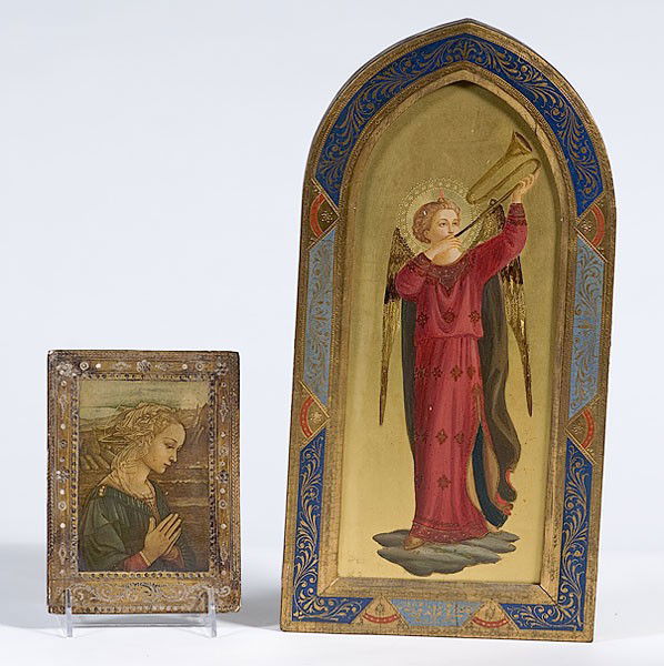 Painted Portrait of Madonna and Angel on Wood : Painted Portrait of Madonna and Angel on Wood Italian, a hand-painted Angel on wood in the style of Fra. Giovanni Angelico in a painted frame, ht. 16, wd. 8 in; Plus a Madonna print mounted in a woo
