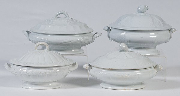 English Ironstone Covered Tureens : English Ironstone Covered Tureens Lot of 4. Includes a round, covered serving dish marked Edward Pearson, lg. 12 in.; round, covered serving dish, lg. 10 in.; oval serving dish marked W.B. & Co. Fen