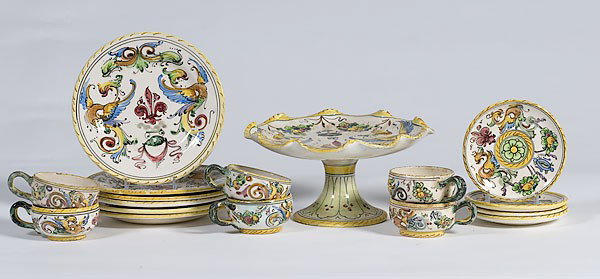 Italian Earthenware Majolica Luncheon Set : Italian Earthenware Majolica Luncheon Set Continental, seventeen piece Italian majolica, including a pedestal cake plate, six luncheon plates, six cups, four saucers, marked Made in Italy; Cake plat