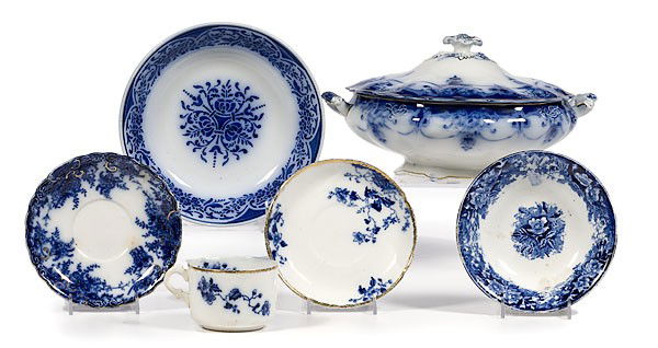 Assembled Group of Flow Blue Tablewares : Assembled Group of Flow Blue Tablewares Lot of six flow blue tablewares including a Luneville bowl, a "Duchess" pattern cup and saucer, saucer with ship trademark, a floral pattern dessert bowl with