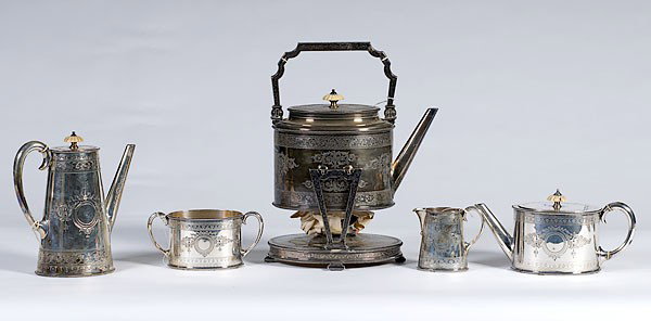 Classical Revival Tea & Coffee Service : Classical Revival Tea & Coffee Service Early 20th century, includes a coffee and teapot with ivory finial and ivory inlay on handle, hot water kettle on stand, creamer, sugar bowl, all with E & Co. 