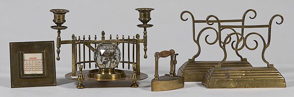 Lot of Four Brass Desk Pieces : Lot of Four Brass Desk Pieces Late 19th- early 20th century, three brass desk pieces, including a brass pen holder with extending swing arm candle sticks and crystal inkwell: ht. 7, lt 9 in. Plus a 