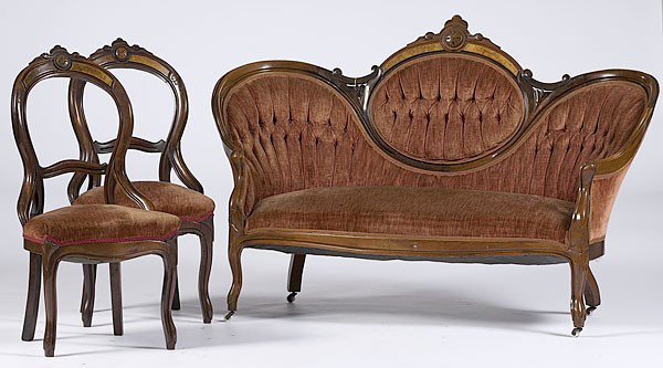 Victorian Parlor Set : Victorian Parlor Set American, 19th century. Renaissance Revival seven piece parlor set, including couch, two armchairs, and four side chairs. Couch: ht. 41.5, lg. 48, wd. 23 in.; Side chair: oah 38
