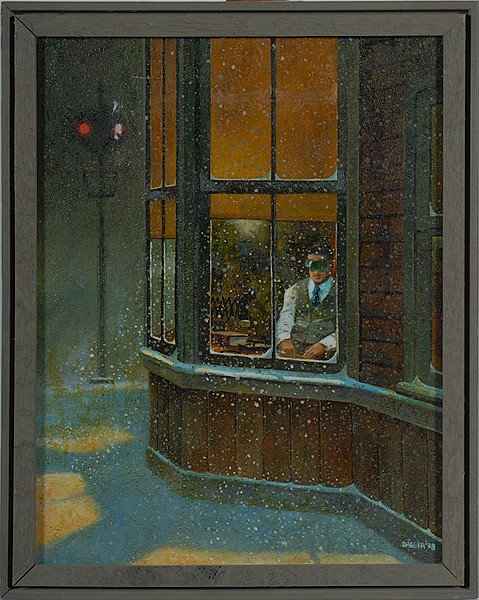 Winter Scene by Daeger, Oil on Board : Winter Scene by Daeger, Oil on Board Daeger (19th-20th century), titled Listening to Morse on verso, signed and dated 98 l.r.; 14.5 x 11.5 in.