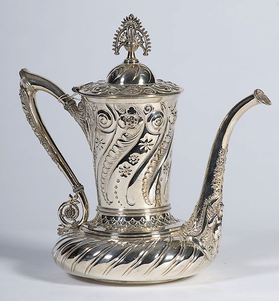 Rogers Brothers Silverplated Coffee Pot : Rogers Brothers Silverplated Coffee Pot American, 20th century. A silver-plated coffee pot with Orientalist design, marked Rogers Bros / Triple Plate and 1982; ht. 12 in.