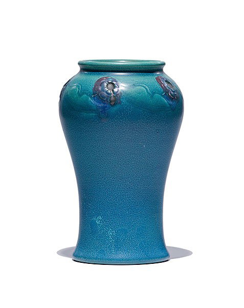 Rookwood Matte Glaze Vase by Charles Todd : Rookwood Matte Glaze Vase by Charles Todd A Rookwood corset form vase with stylized design around top rim, covered in a nice blue/green mottled glaze, executed by Charles Todd, dated 1915, impressed