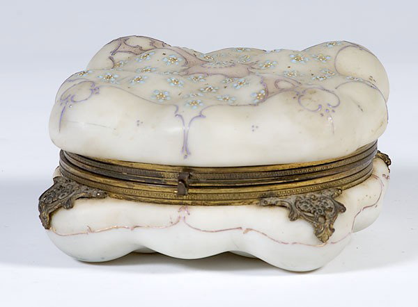 Wave Crest Dresser Box : Wave Crest Dresser Box Wave Crest egg crate dresser box, decorated with enamel medallion of blue daisies, with hinged lid and partial fabric liner; ht. 3.75, lg. 6.5 in.