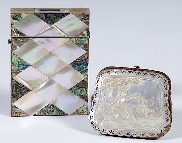 Mother of Pearl Calling Card Box : Mother of Pearl Calling Card Box A mother of pearl with abalone calling card box; lg. 4.25, wd. 3 in. Plus a coin purse of carved shell and leather; lg. 3, wd. 2.5 in.