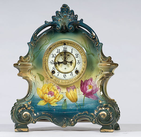 Ansonia Royal Bonn La Brelagne Clock : Ansonia Royal Bonn La Brelagne Clock Ansonia Royal Bonn La Brelagne clock with marked porcelain dial and Arabic numerals, marked Royal Bonn and La Brelagne on rear of porcelain case with blue-green 