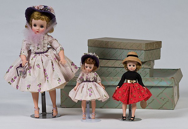 Madame Alexander Dolls in Original Boxes : Madame Alexander Dolls in Original Boxes Lot of 3. Includes Cissette #815 in original printed cotton skirt, wide gold belt, and jersey blouse with green sleep eyes, 9 in.; AND Cissette #813 in origi