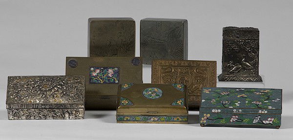 Chinese and Japanese Lidded Boxes : Chinese and Japanese Lidded Boxes Lot of eight. Includes one Chinese cloisonné box with hinged lid, stands on four ball feet, divided interior space, turquoise background with floral motif, 6.25 x