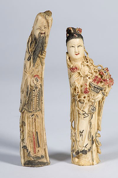 Chinese Emperor and Empress Figures : Chinese Emperor and Empress Figures Pair of Chinese bone figures of Emperor and Empress, each standing wearing long robes, the empress holding flower basket and the emperor holding a sword, bottom u