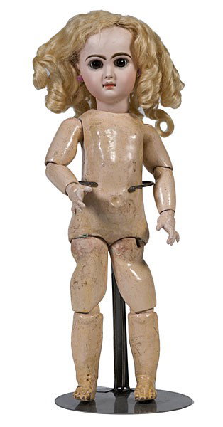 Tete Jumeau #7 Doll : Tete Jumeau #7 Doll Head marked Tete Jumeau 7 with two artist checkmarks, original wig and pate, original pierced earrings, fully jointed Jumeau stamped body in worn condition, set brown eyes; 16 in