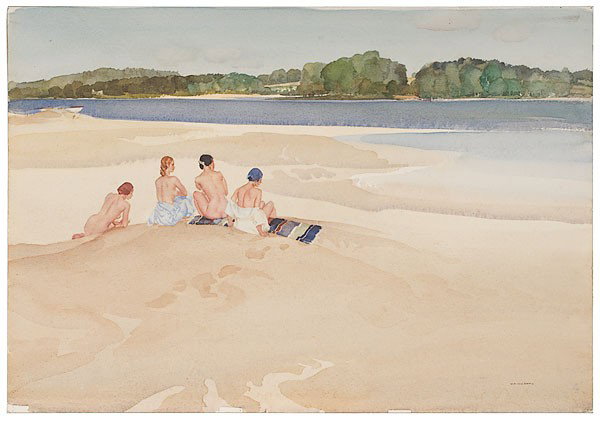 Beach Scene with Figures Attributed William R. Flin: Beach Scene with Figures Attributed William R. Flint, Watercolor William Russell Flint (British, 1880-1969), titled On Forbidden Ground, signed l.r.; 17.75 x 27 in.